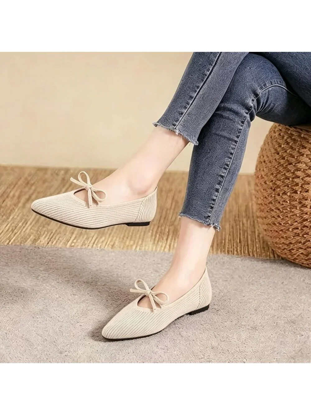 Women's Beige Pointed Toe Knit Ballet Flats Comfortable Pull On Casual Shoes